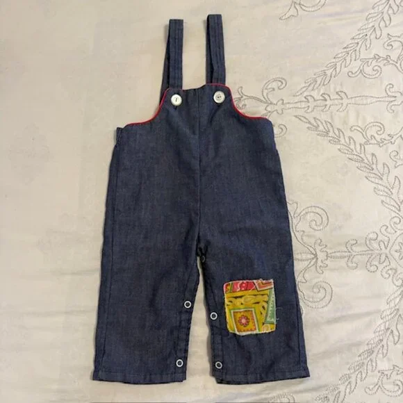Vintage Bib Overalls Baby Boy Toddler 18M Blue Corduroy & Denim Button Up - Picture 3 of 6